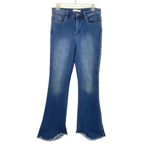 Nature Denim Jeans Women 28  Flare High Rise Frayed Step Hem Blue Stretch Boho